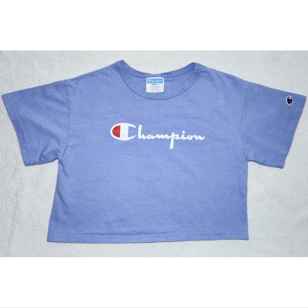 Champion Cropped Logo Tee – Periwinkle Blue-Purple – Size Small